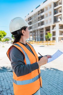 A young Hispanic woman in a safety vest and hard hat inspects a construction site. She holds a