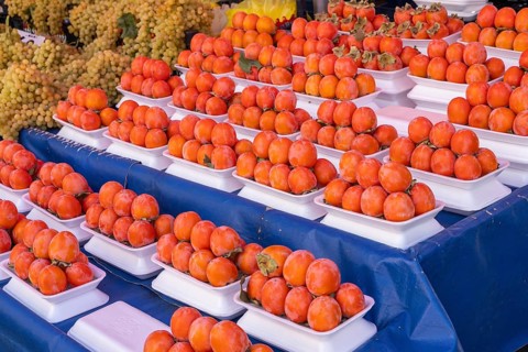 Orange persimmons neatly arranged on white trays at a market display