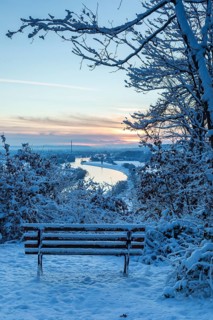 Scharfenberg vantage point on a winter morning, view of the Elbe valley as far as Dresden, Saxony,