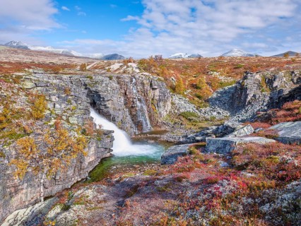 Storulfossen waterfall, Store Ula river, autumn, Rondane National Park, Norway
