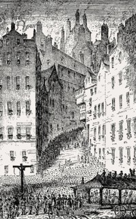 Foot of the West Bow and the gallows, Grassmarket, Edinburgh, Scotland, 19th century