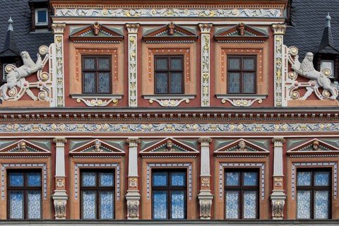 Splendid façade decoration on the Haus zum Breiten Herd, Renaissance building on the fish market,