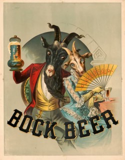 Advertising poster, beverage advertisement, bock beer poster from 1883. It shows two