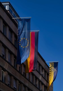 German flag, national flag, European flag, flag of Baden-Württemberg, on building, Stuttgart,