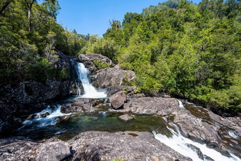 Salto Chaicas waterfall on Rio Chaicas, stream flowing through temperate rainforest, Parque