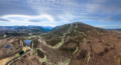 Panoramic aerial photo of the Highland landscape in Lettermore, Fainmore, northern Scotland, UK