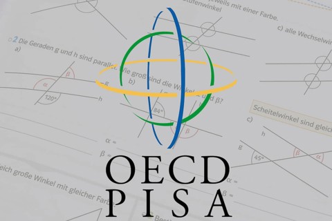 (photo montage) Logo of the PISA study against the background of a mathematics textbook