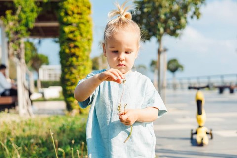 A young girl stands in a park, carefully holding dandelion seeds in her hand, enjoying a sunny day.