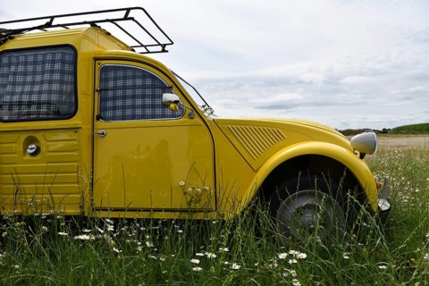 Yellow Citroën 2CV with roof rack on a blooming meadow, Citroën 2CV at a duck meeting in Kropp,