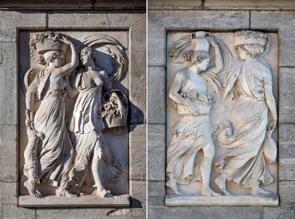 Antique reliefs on the obelisk fountain, market fountain, woman carrying food and drink, created in