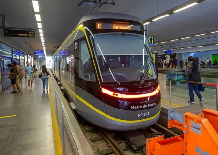 Metro do Porto tram train at Trindade station, Porto, Portugal, Europe destination Aeroporto