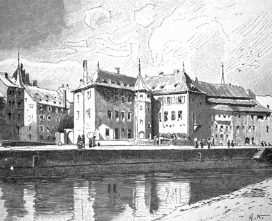 The Dragon Court, Strasbourg, 1880, France, illustration, reproduction from a 19th century model.