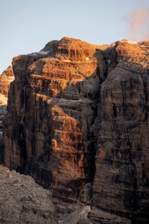 Detail, rocks and mountain peaks of the Brenta Mountains, evening mood with alpine glow, Brenta,