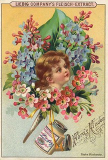 Picture series Flora's children, portrait of a child surrounded by blossoms and flowers, Liebig