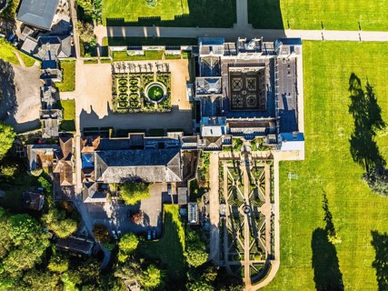 Top Down view over Wilton House from a drone, Wilton, River Nadder, Salisbury, Wiltshire, England,