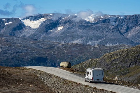 Camper van on mountain road Aurland - Lærdal, gamle Aurlandsvegen, National Tourist Route