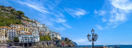 Italy, Amalfi town colorful architecture and Campania Amalfi coast landscapes, UNESCO site