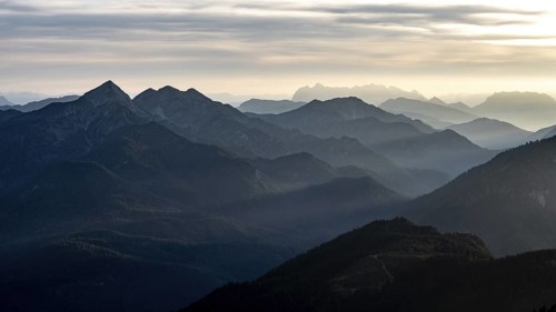 View at sunset from the summit of Zwiesel to the Chiemgau Alps with the Sonntagshorn and to the