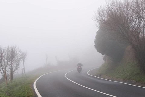Back view of unrecognizable motorcyclist navigating a curvy road enveloped in thick fog with barren