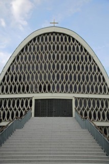 Modern Lutheran Holy Spirit Church with staircase and round shape, modern building, oval windows,
