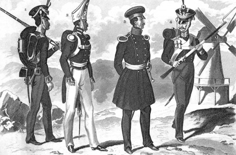 Traditional 19th-century clothing styles and culture. Prussian military uniforms: hunter (1), Guard