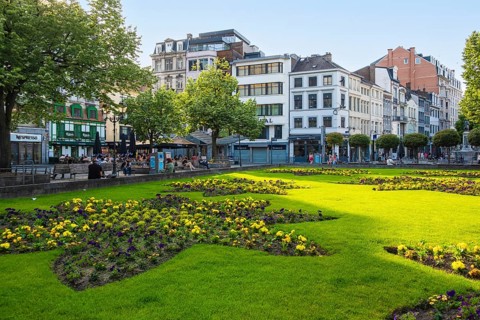 Square in front of the cathedral in downtown Liège, Belgium, digitally reworked