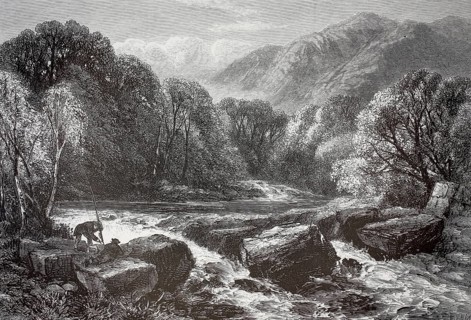 Nature depiction of the river Afon Lledr in Wales. In the left foreground, a person, presumably an