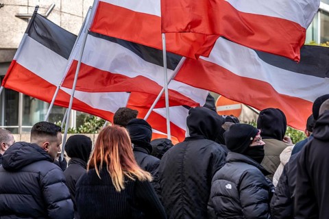 The neo-Nazi group Jung und Stark, JS, demonstrates in the city centre of Essen, demanding the