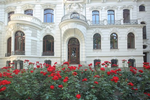 White villa in art nouveau style and red roses, flower bed, Aschersleben, Harz, Saxony-Anhalt,