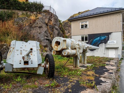 Rusty military equipment outside Lofoten War Museum, Stamsund, Lofoten, Norway