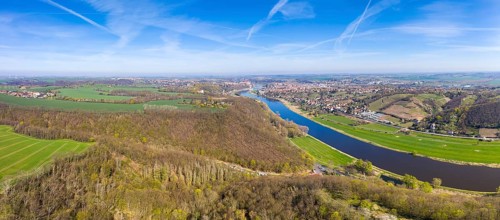 Panorama of the Saxon Elbland, aerial view of the Elbe between Rehbocktal and Meißen, Saxony,