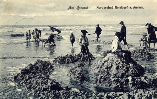 Historical photo on the beach of the North Sea resort of Norddorf on the island of Amrum,
