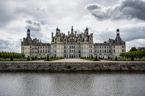 Northwest view of the monumental Renaissance Château de Chambord castle with its distinctive,