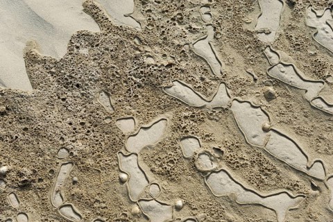 Textured sand surface with natural patterns and depressions, Plage Saint Efflamm,