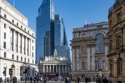 London, UK. February 25th 2026. The Royal Exchange building flanked by Threadneedle Street and The