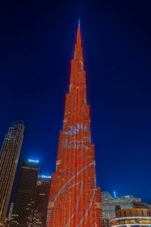Night shot, illuminated advertising at the Burj Khalifa, Downtown, Dubai, United Arab Emirates