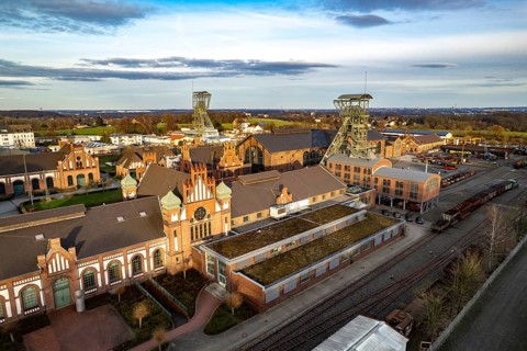 The disused coal mine and museum Zeche Zollern in Dortmund seen from the air, North