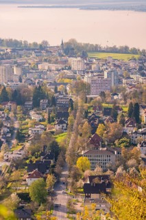 Panorama of a city with a view of the lake and a church, Bregenz, Austria