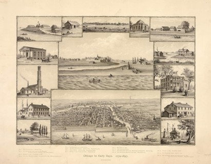 Collage of 15 different historical views and two bird's eye views on the development of Chicago.