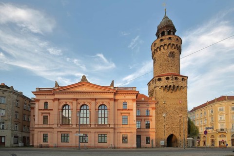 Humboldt House built in 1871 and Reichenbacher Tower, built 13th century, former city