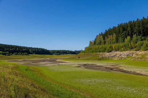 Almost dried out riverbed of the Wilder Weisseritz, which feeds the Lehnmnühle dam, Dippoldiswalde,