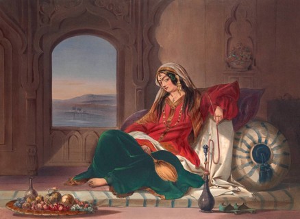 Afghan lady and smoking a hookah, by R. Carrick, c. 1848, digitally optimized