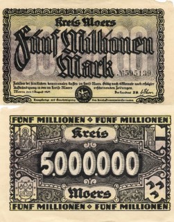 Banknote, emergency money, 5 million marks, inflation, district of Moers, Germany, reproduction of