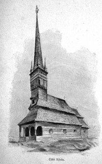 German wooden church in Eastern Europe, Ohly Uisalu, 1890, Hungary, digital reproduction of an