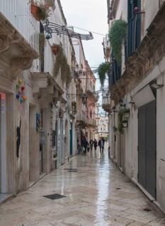 Alley in Martina Franca in heavy rain, Apulia, Southern Italy, Italy