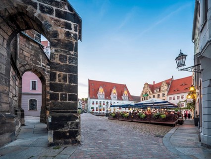 Dusk at the market square in the historic old town, Meissen, Saxony, Germany