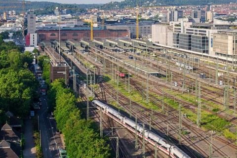 Aprelude at Stuttgart Central Station with office building in the Europaviertel. Stuttgart,