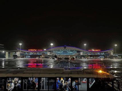 ALMATY, KAZAKHSTAN, NOVEMBER 7, 2019: Night view of Almaty International Airport, Kazakhstan, A