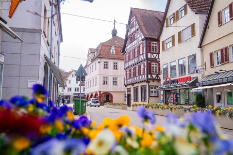 Historic half-timbered houses in the old town full of colourful flowers and a lively street
