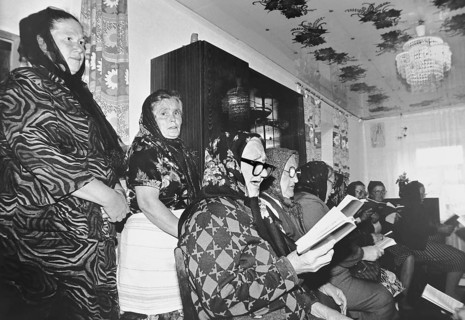 Funeral service for a deceased Russian-German villager, Romanovka, Kazakhstan